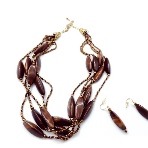 Necklace Earrings Set Brown Strands Beaded - Picture 2 of 5